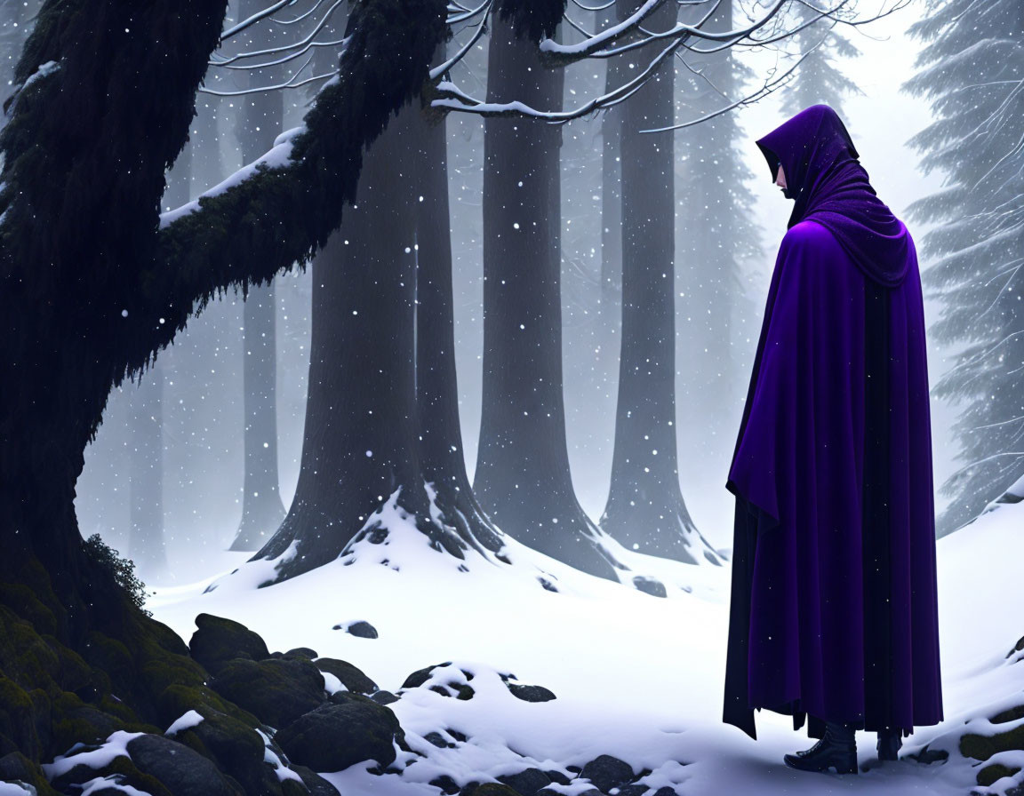 Mysterious cloaked figure in snowy forest landscape