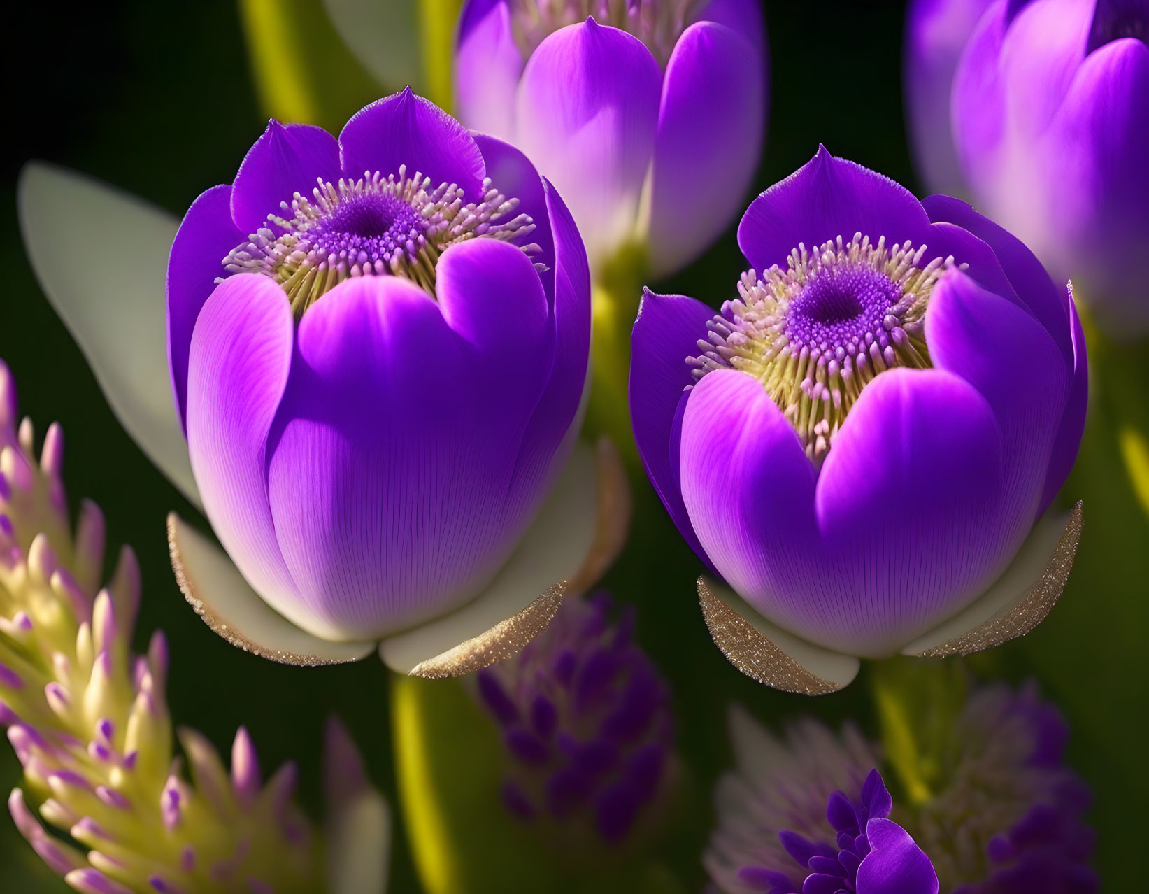 Vibrant purple flowers with yellow stamens in green foliage and soft lighting