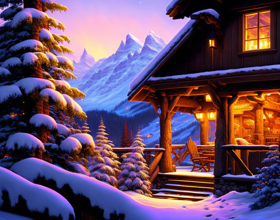 Snow-covered forest cabin at dusk with glowing windows & snow-capped mountains