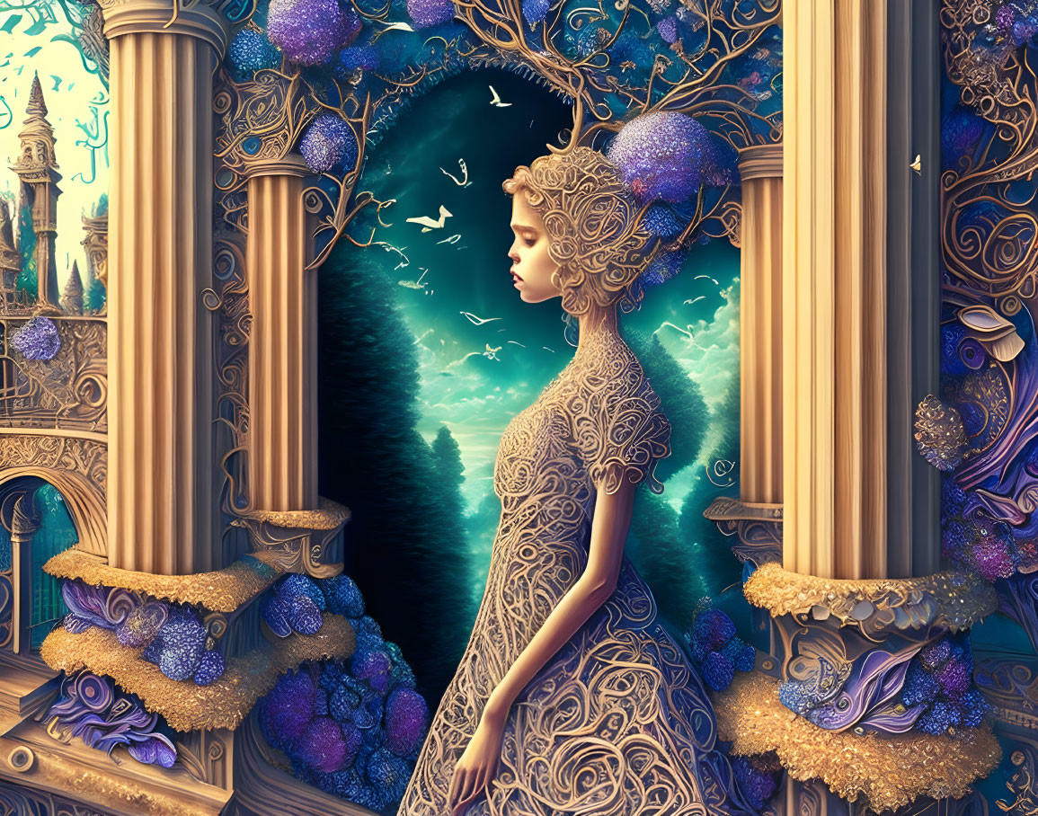 Detailed digital artwork of woman in golden dress with architectural columns and starry sky