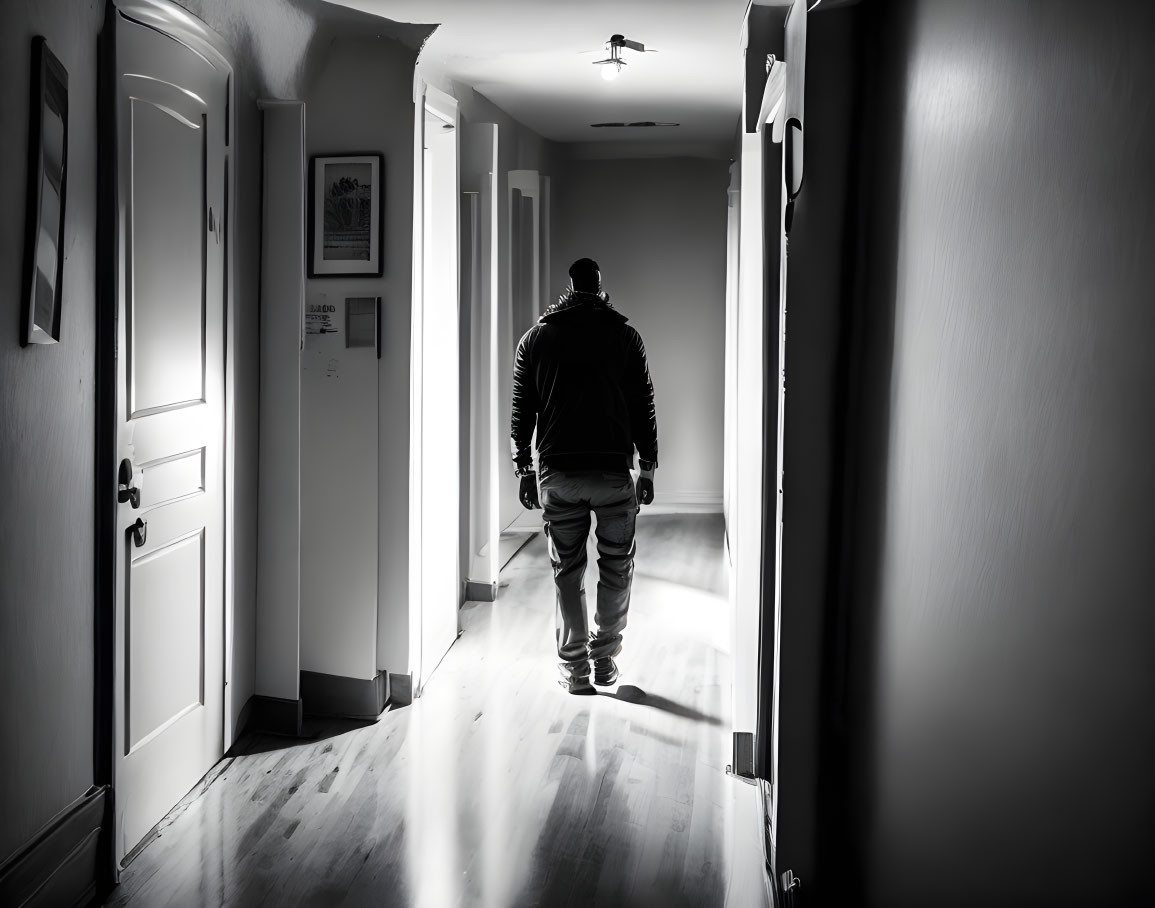 Solitary figure in monochromatic hallway with light streaming from door