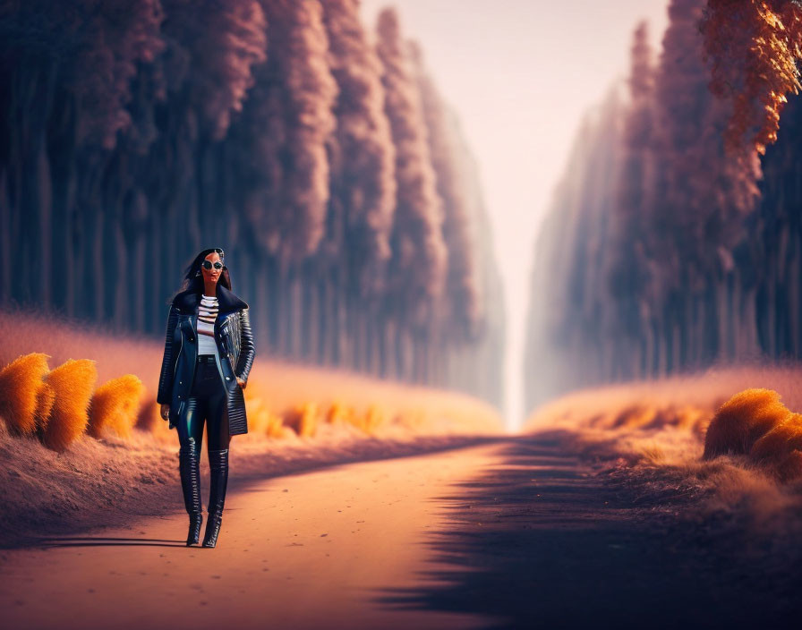 Stylishly dressed woman on forest path with autumn trees