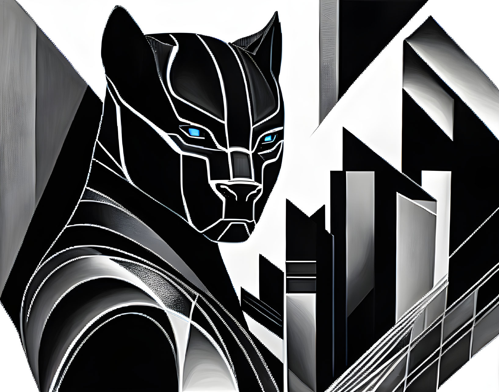 Stylized Black Panther Art with Blue Eyes and Geometric Patterns