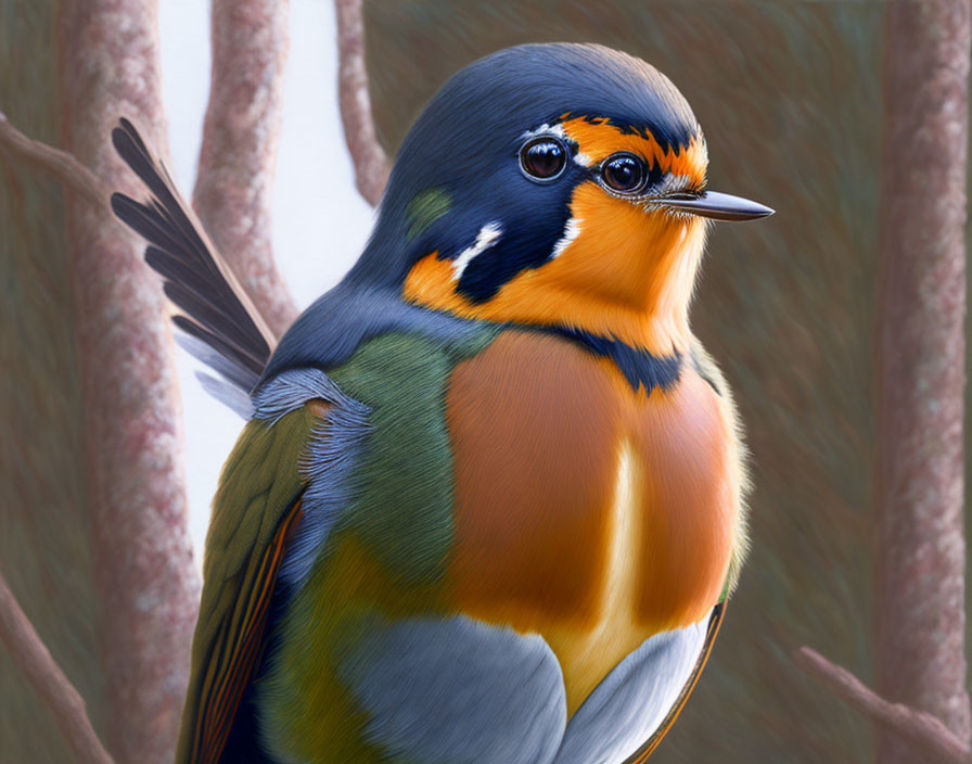 Vibrant Bird with Orange, Blue, and Green Plumage on Branch