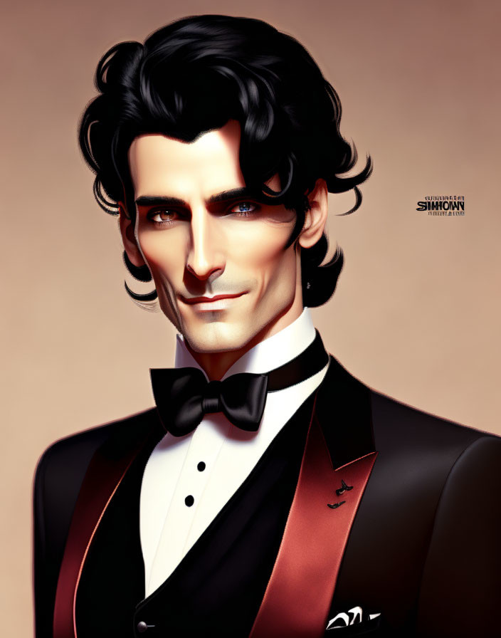 Dark-haired man in tuxedo and bow tie with charming smile and intense gaze