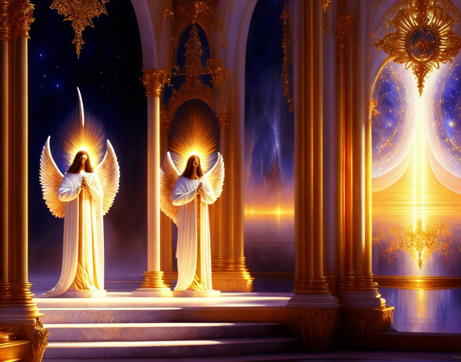 Luxurious Hallway with Angelic Figures and Starlit Sky Background