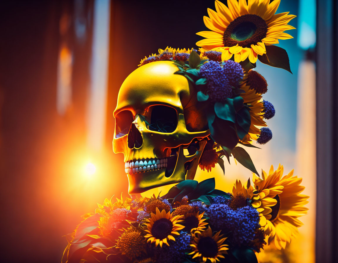 Golden skull and sunflowers on blue-orange background with sunlight.