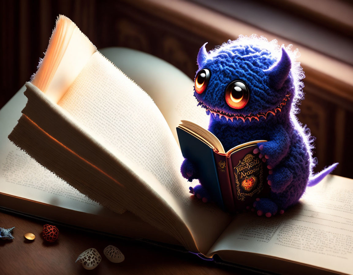 Blue furry creature reading small book beside open large book on wooden surface