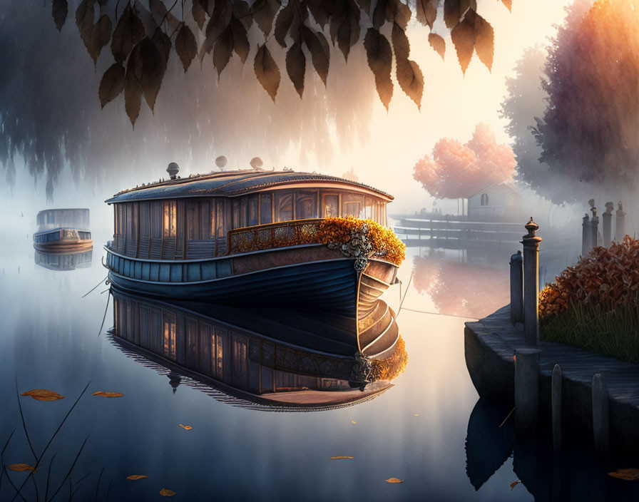 Houseboat moored near misty lakeside with autumn foliage reflections