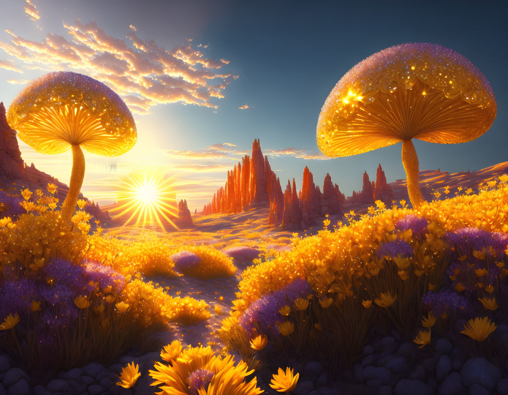 Fantasy landscape with oversized glowing mushrooms and vibrant flowers.