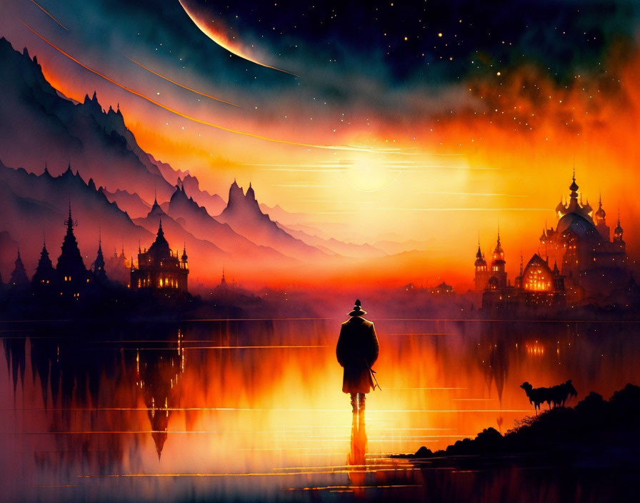 Person admires vibrant sunset over fantasy buildings by lake