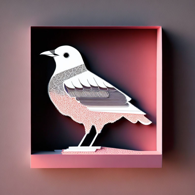 Stylized 3D bird graphic with intricate patterns on pink and black gradient background