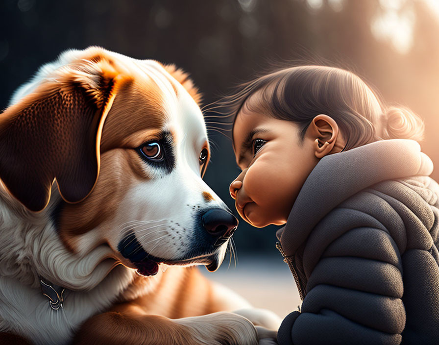 Toddler and brown white dog share touching moment