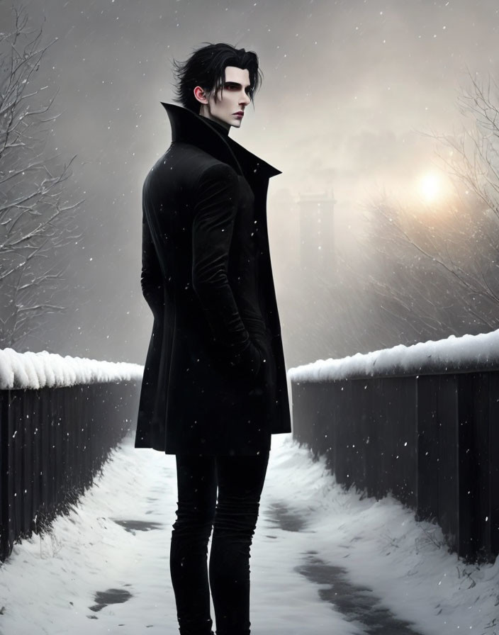 Man in Black Coat Stands on Snowy Path in Soft Glow