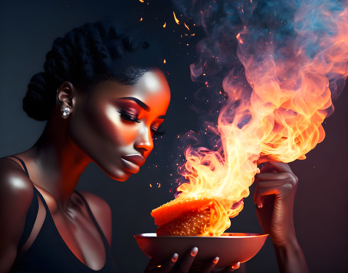 Woman gazes at fiery smoke rising from bowl