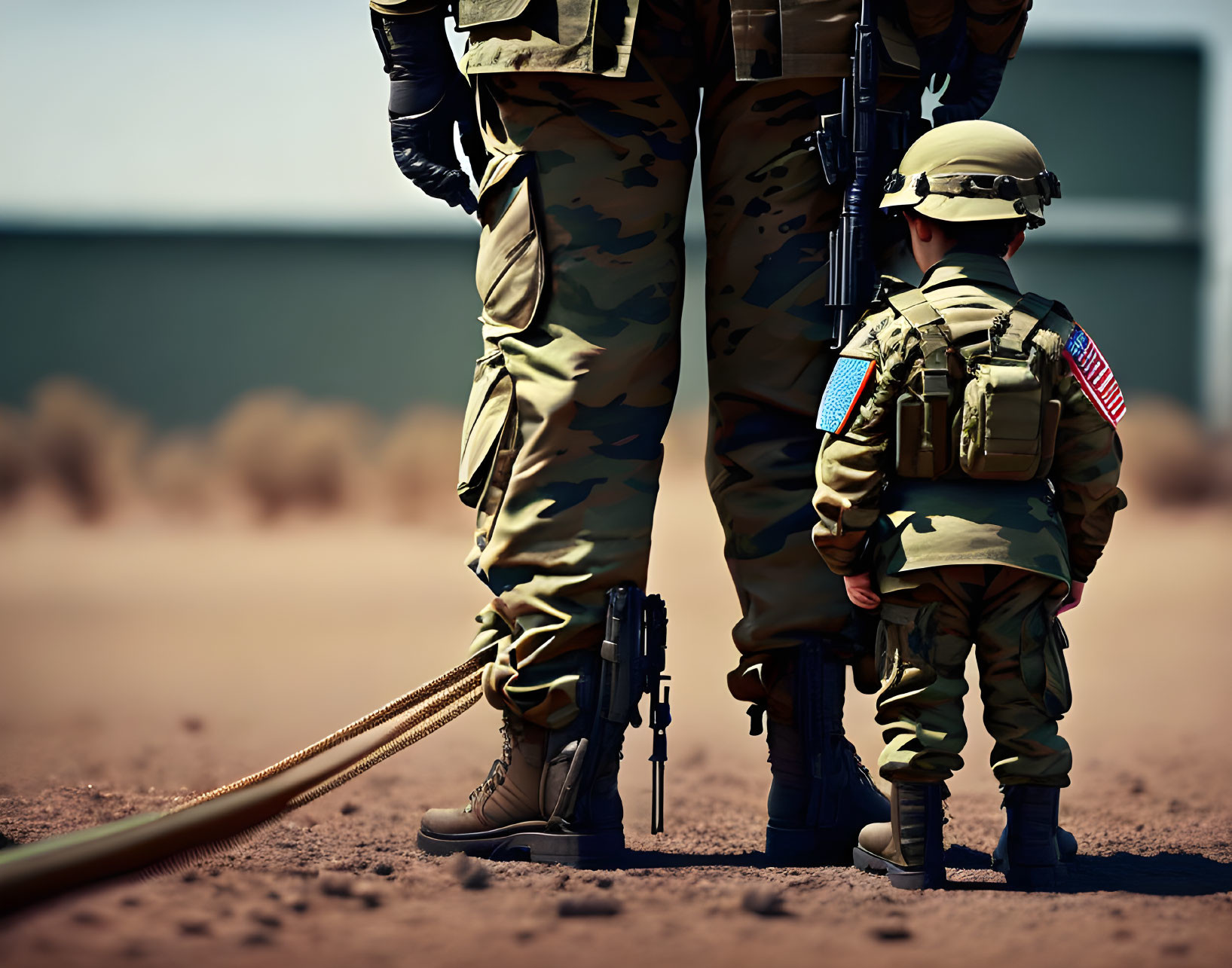 Child and adult in military gear with US flag patch.