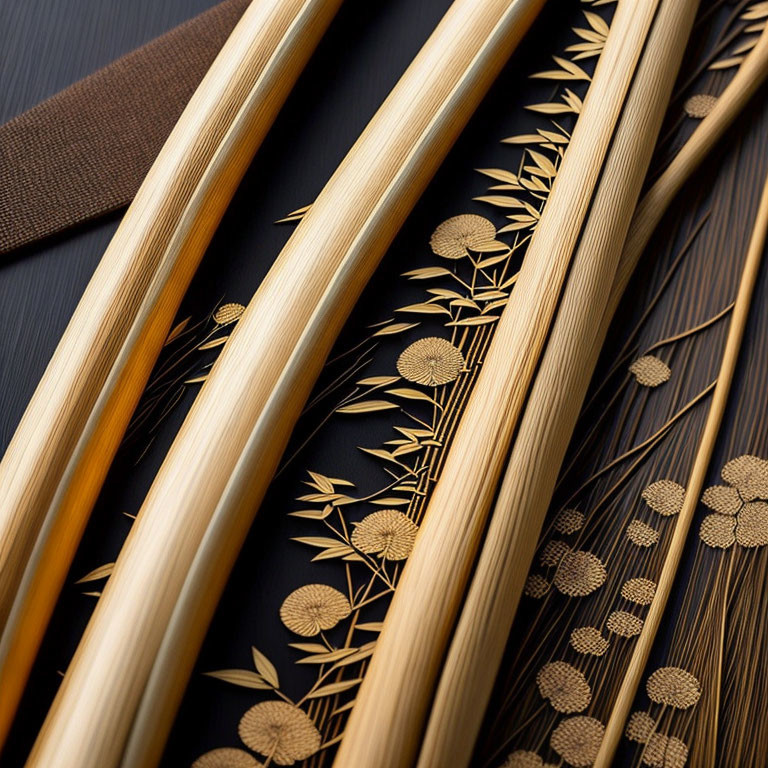 Golden bamboo patterned chopsticks on dark wooden surface with brown napkin