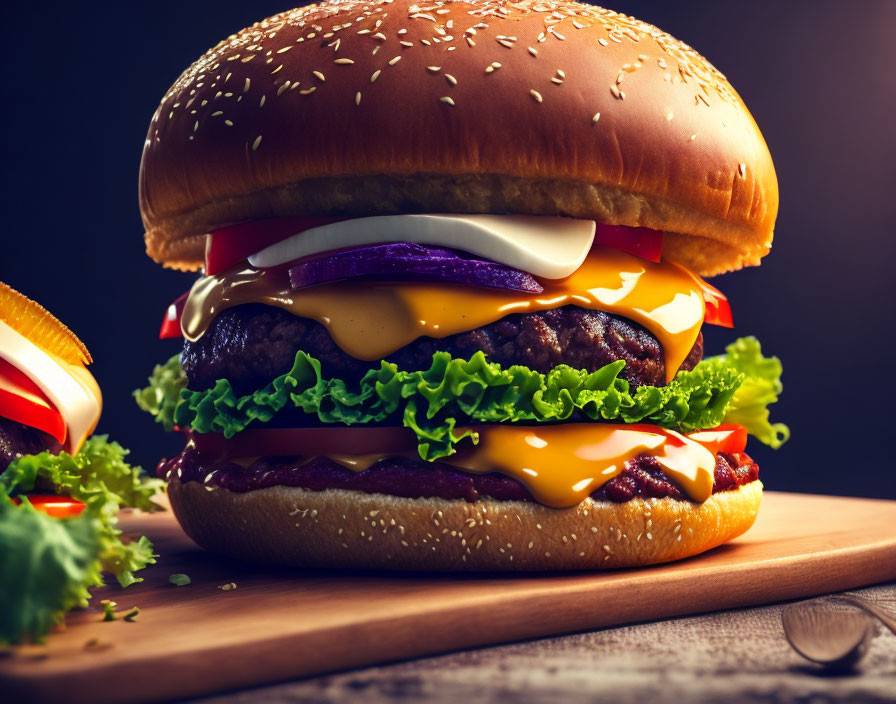 Juicy Double Cheeseburger with Lettuce, Tomato, Onions, and Condiments on Wooden