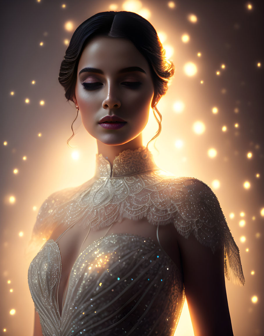 Elegant woman in lace gown with glamorous makeup amid bokeh lights