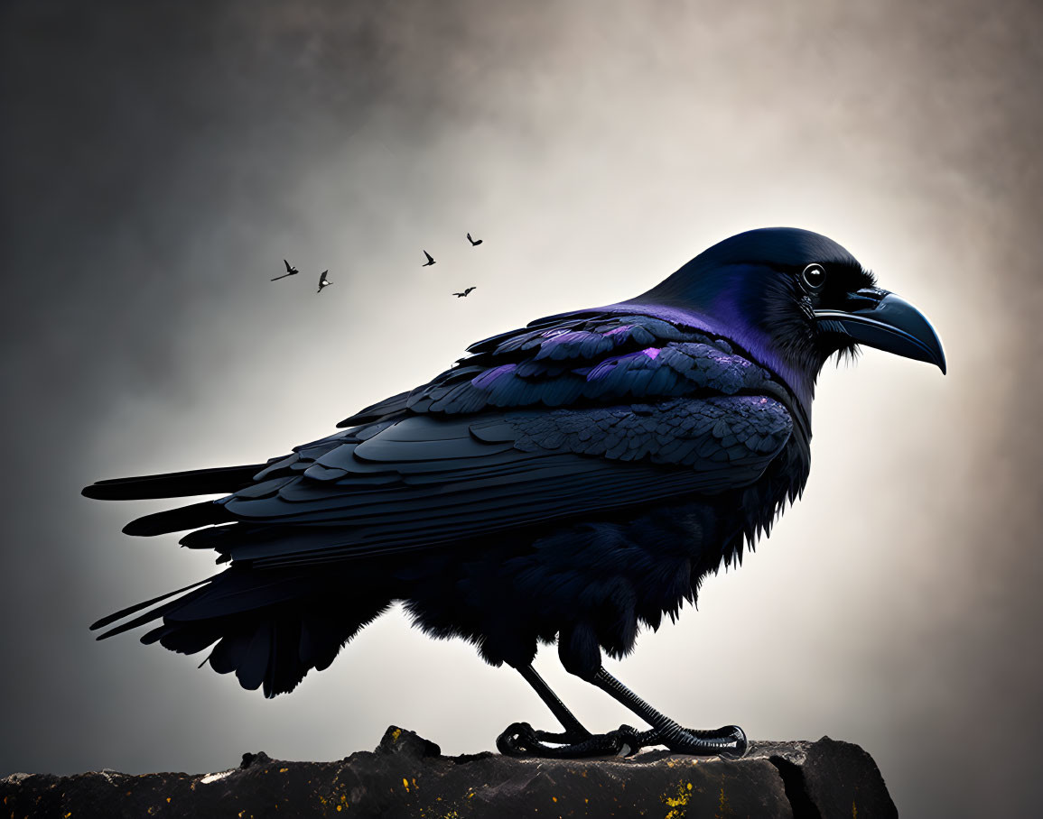 Detailed image: iridescent raven on rock, silhouetted birds, moody sky