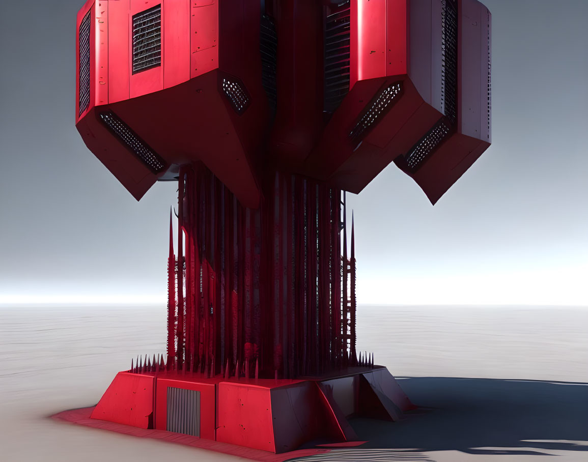 Futuristic red structure with elongated support pillars on plain surface