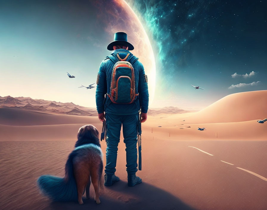 Person in hat and dog gaze at surreal desert sky with galaxy, birds, and aircraft