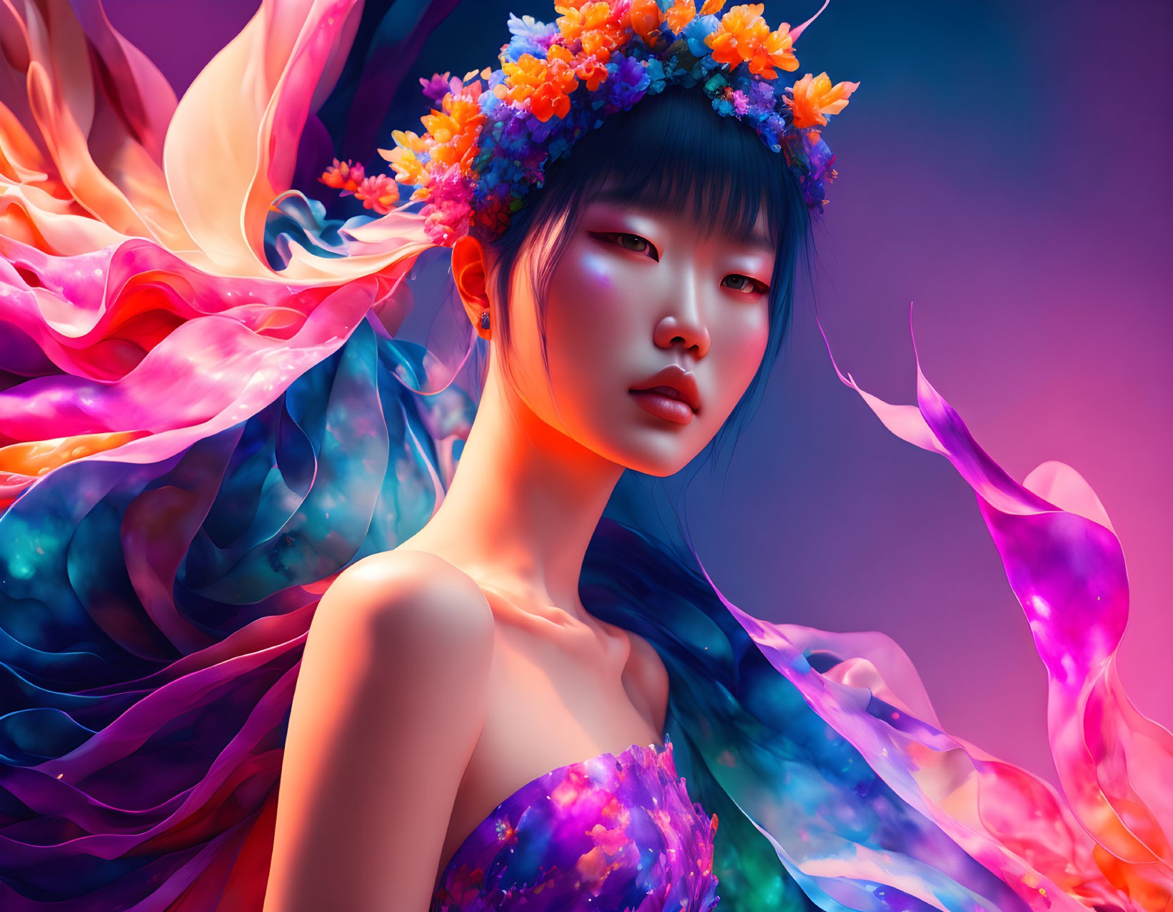 Colorful surreal portrait of a woman with flowing fabric and floral crown