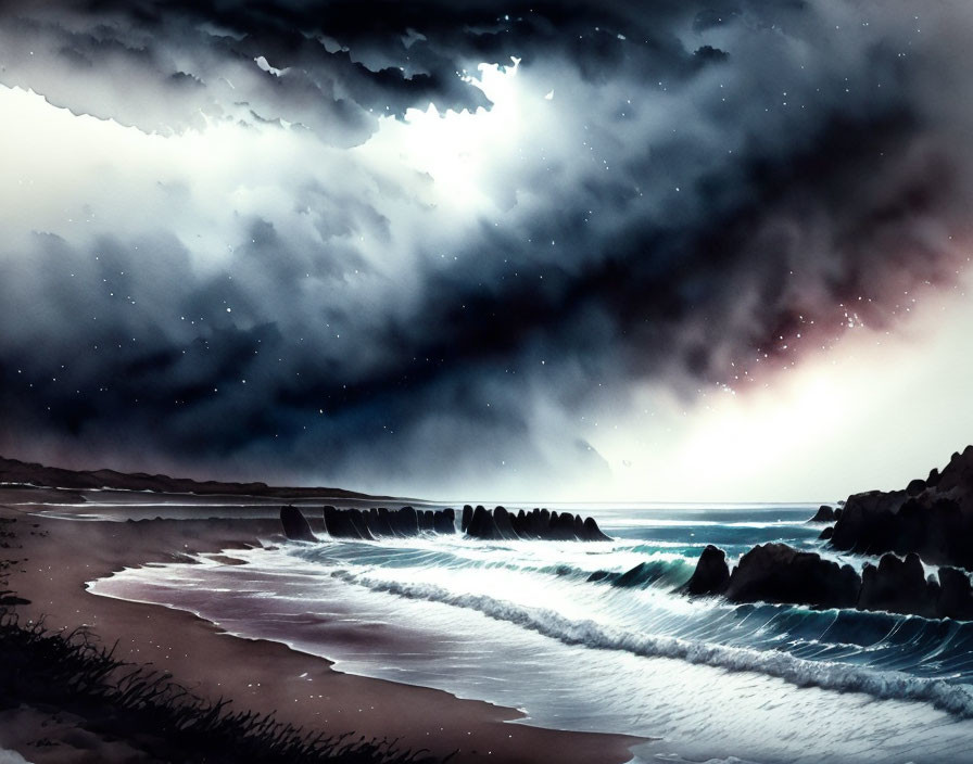 Digital painting of tumultuous night sky over turbulent sea