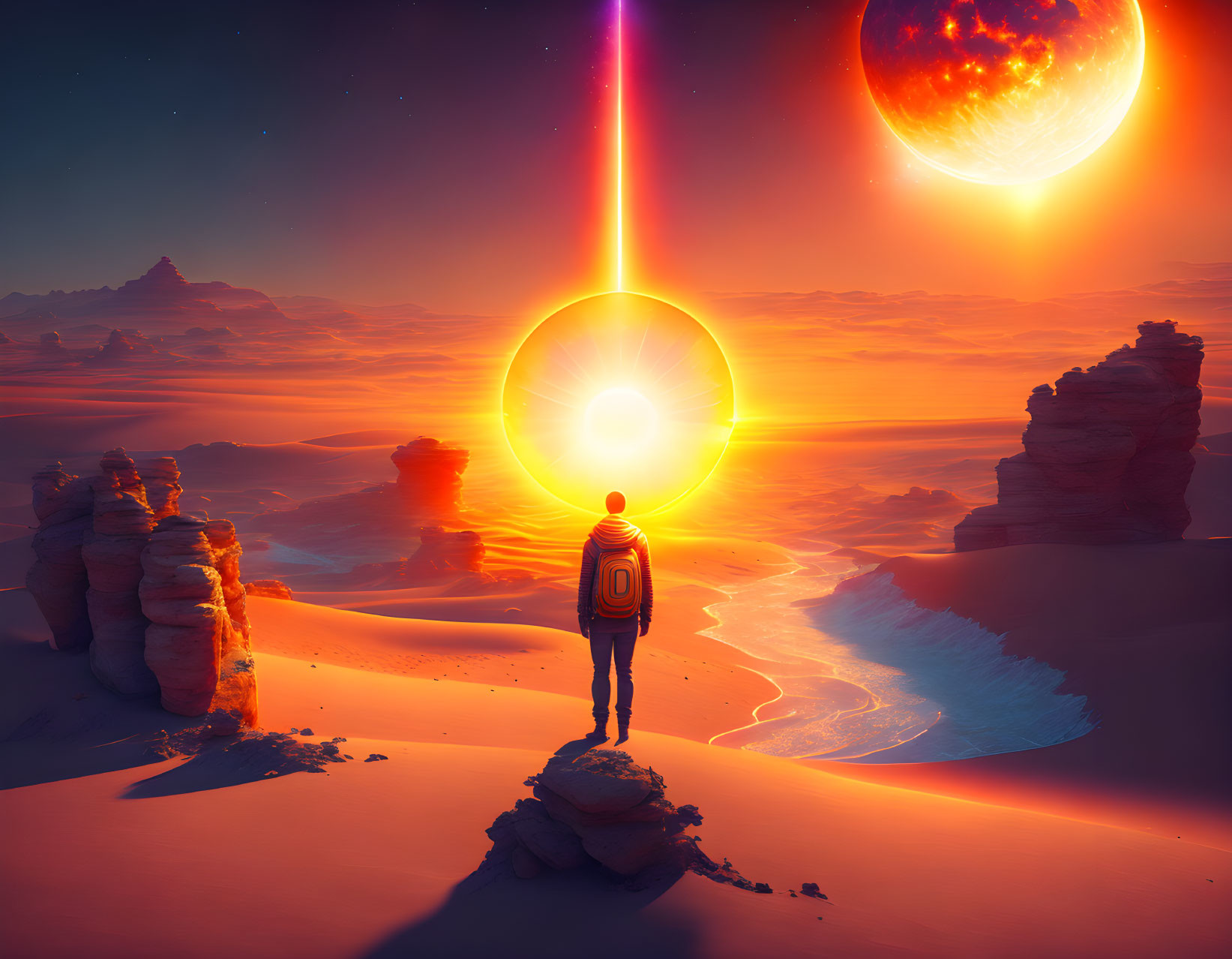 Person standing on desert rock under surreal sunset with large planet and radiant beam in sky