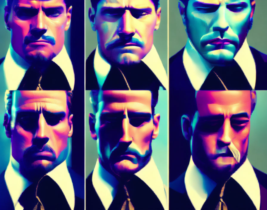 Serious man with mustache in suit and tie in blue and yellow collage