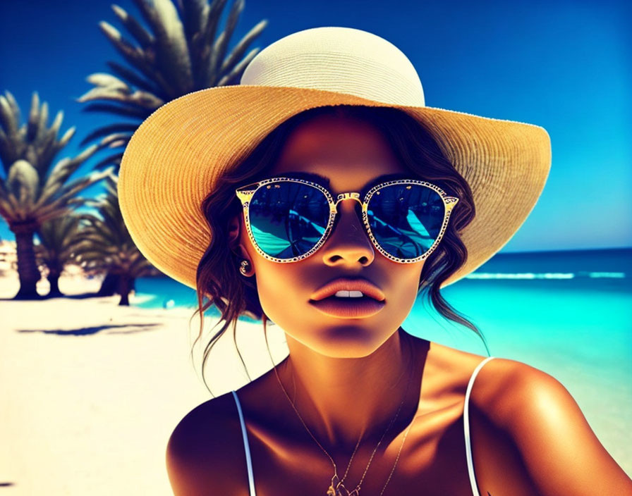 Fashionable individual in wide-brimmed hat and sunglasses on sunny beach