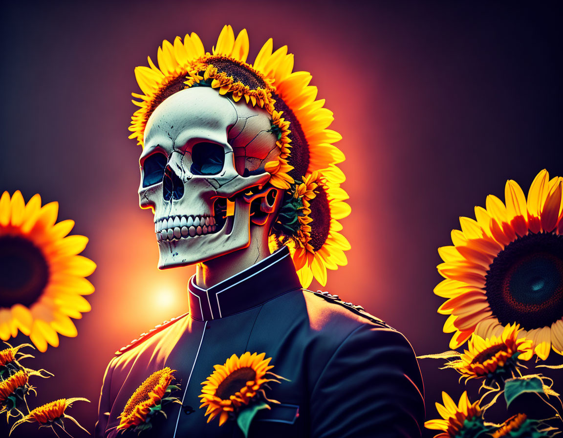 Skull superimposed on person's head with sunflowers and gradient background