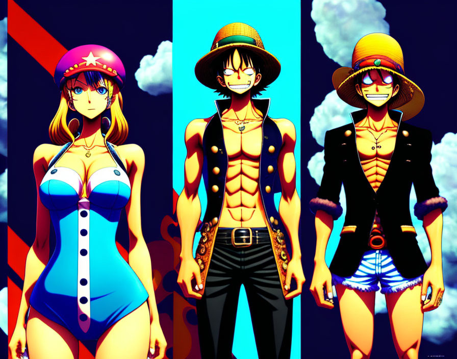 Three animated characters in summer outfits on colorful backgrounds