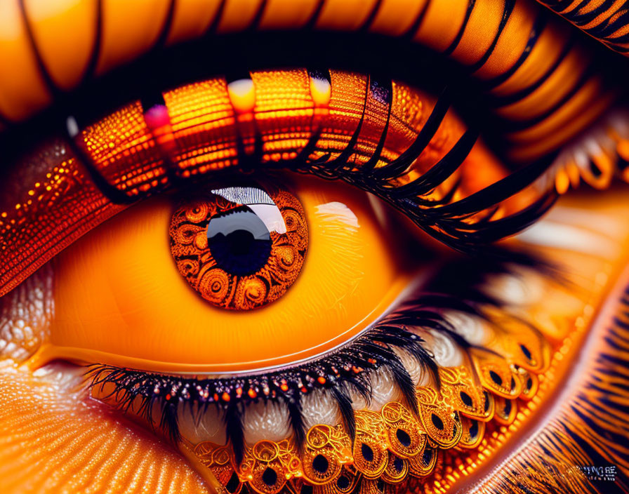 Detailed Close-up of Human Eye with Orange Iris and Feather-Like Lash Extensions