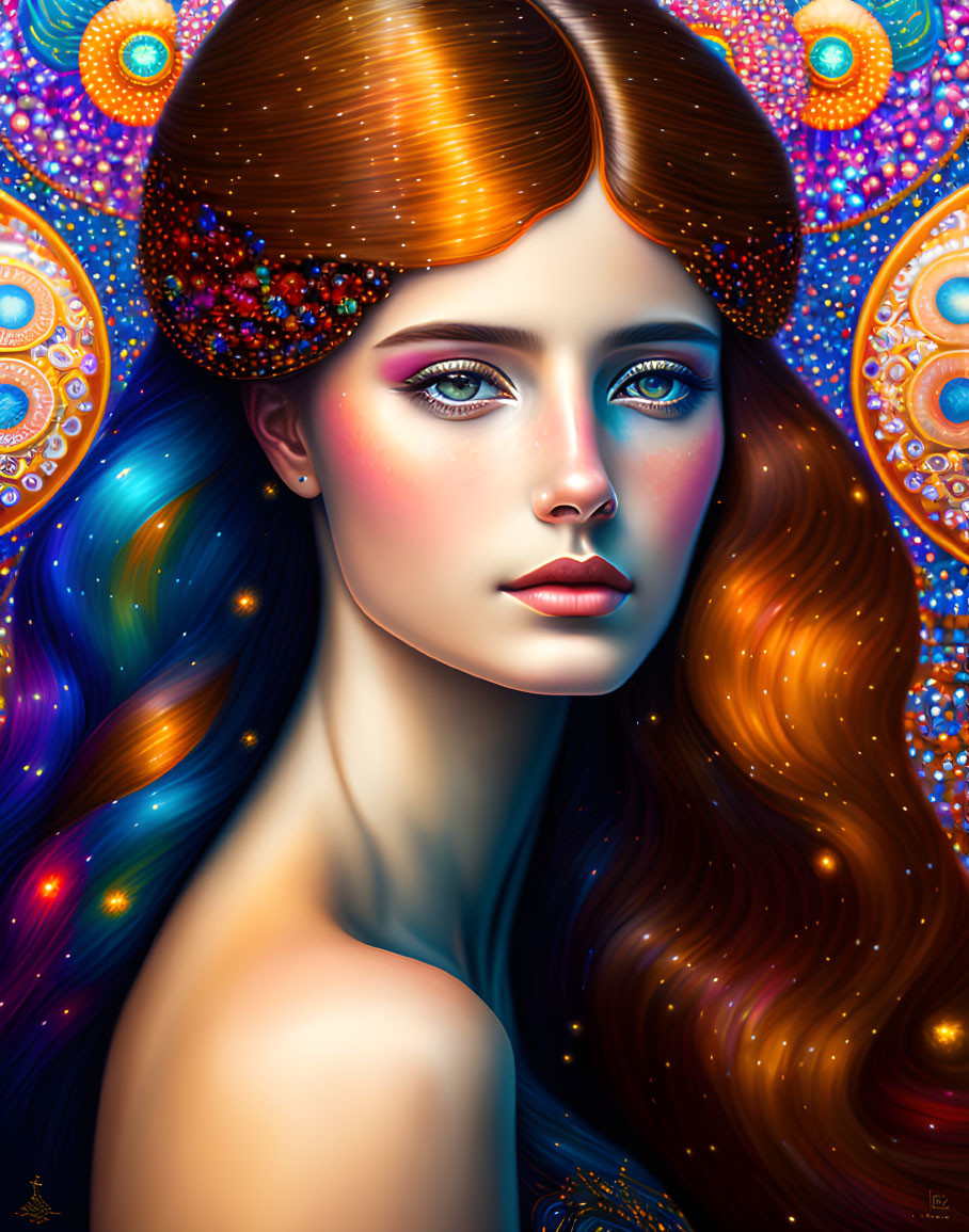 Digital art portrait: Woman with auburn to blue gradient hair, vibrant blue eyes, glittering