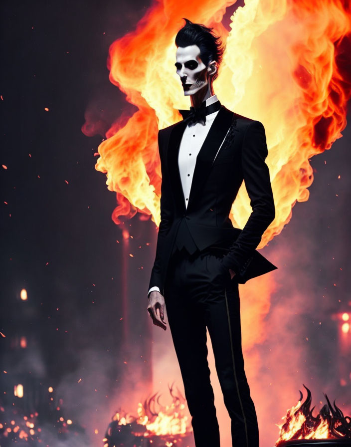 Skull-faced person in tuxedo amid fiery backdrop