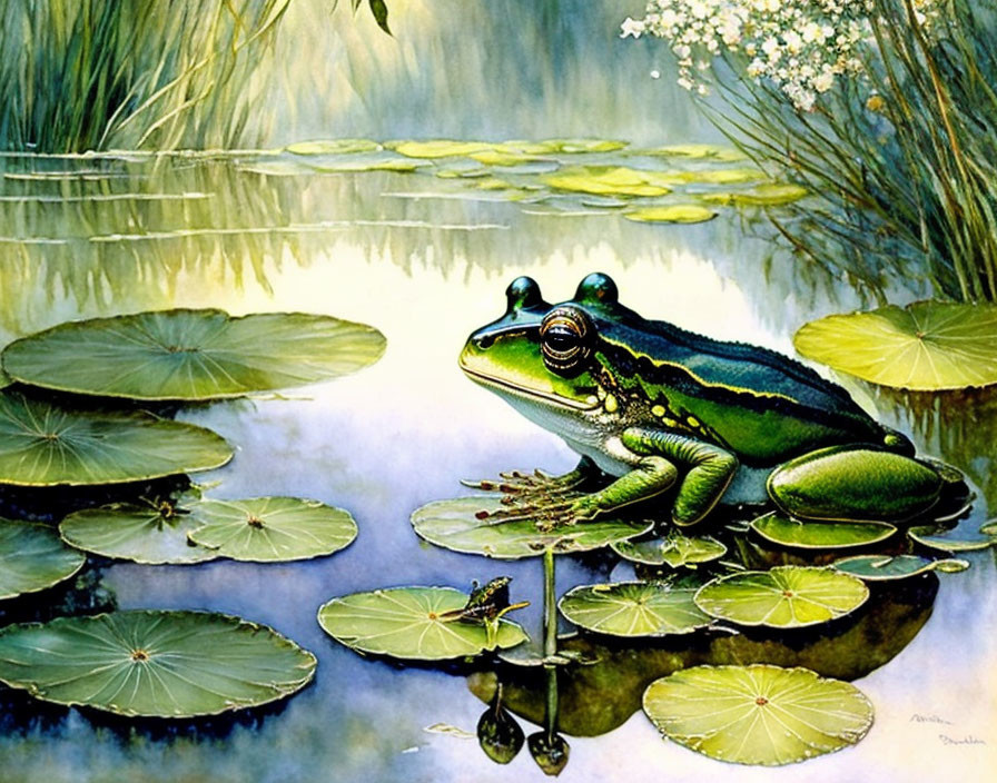 Green frog on lily pad in tranquil pond with lush vegetation