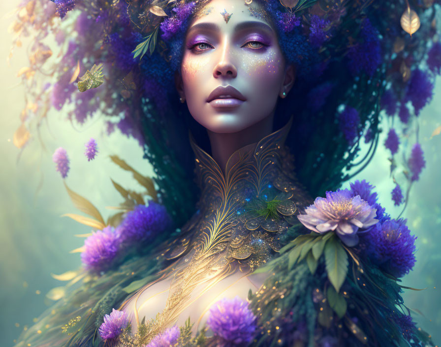 Mystical woman with purple flora and golden filigree in dreamlike setting