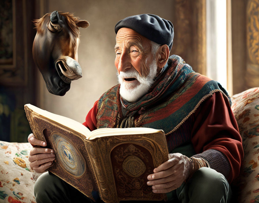 Elderly man in beret reads ornate book with whimsical horse head behind him