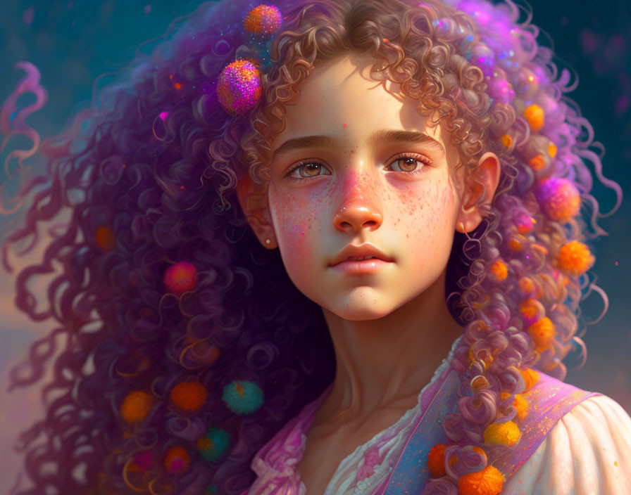 Colorful portrait of girl with curly hair and freckles in dreamy setting