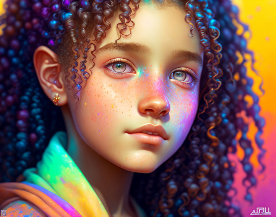 Colorful lighting illuminates young girl with curly hair