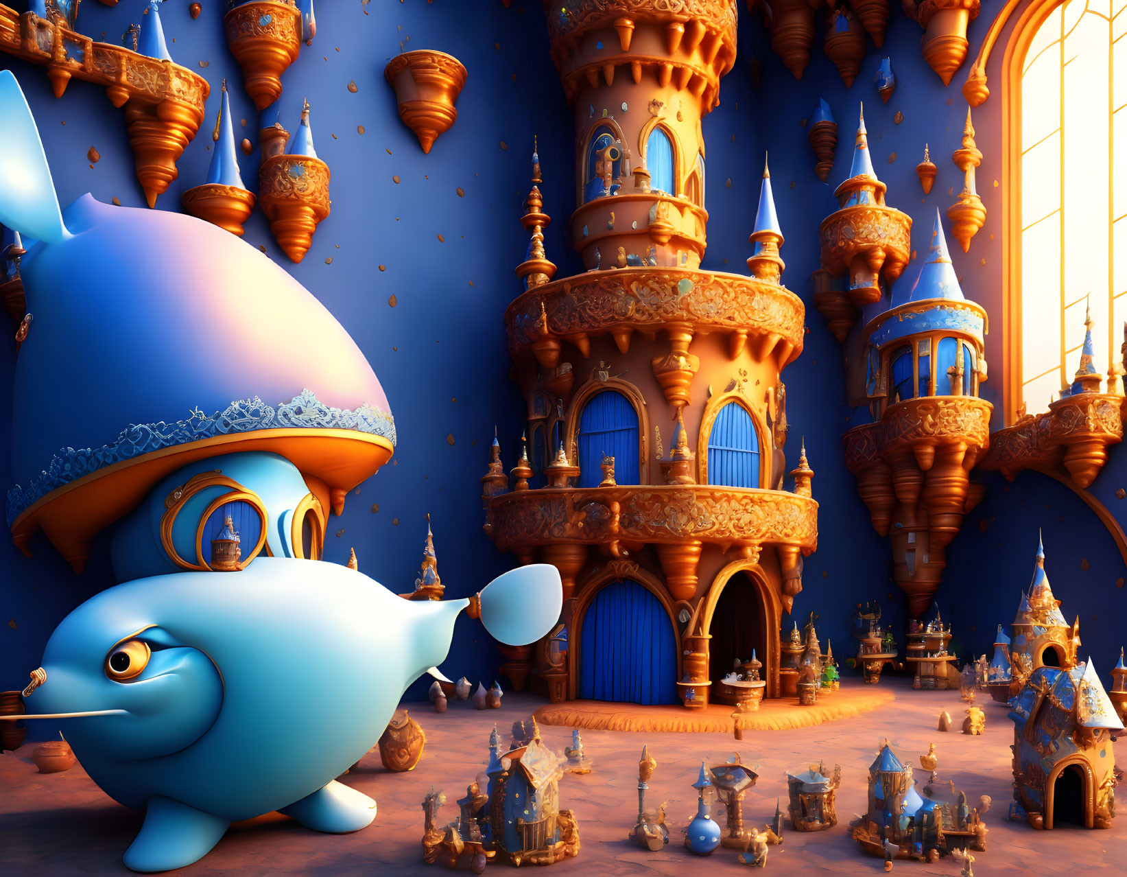 Animated blue whale in sultan's attire explores fantastical castle