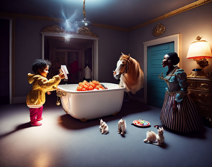 Child in royal attire presents slipper to horse by bathtub of oranges with elegantly dressed woman.