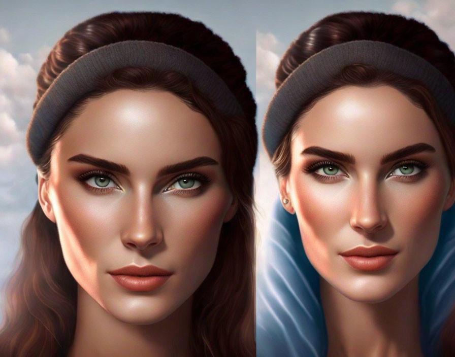 Digital artwork: Woman with green eyes, brown hair, grey headband under blue sky