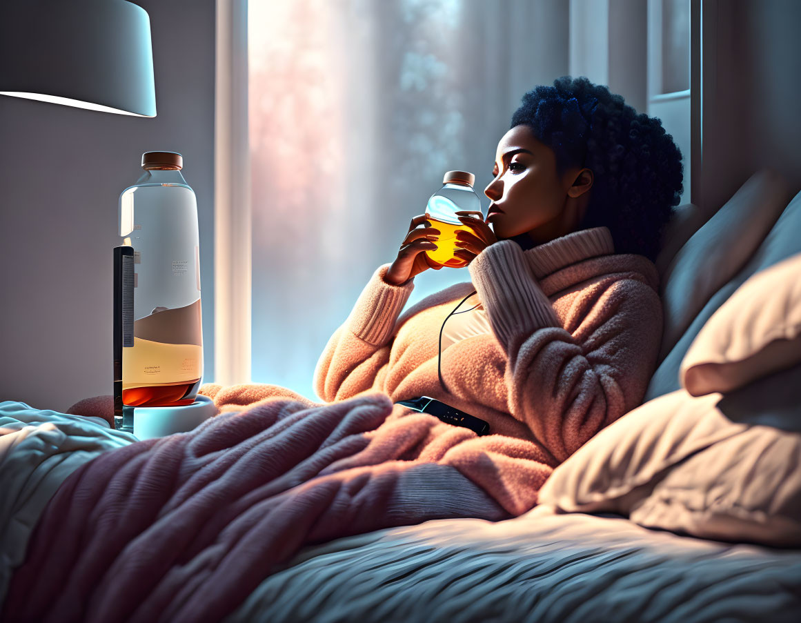 Person sitting in bed with blanket, wearing sweater, drinking from cup, with lamp and bottle nearby,