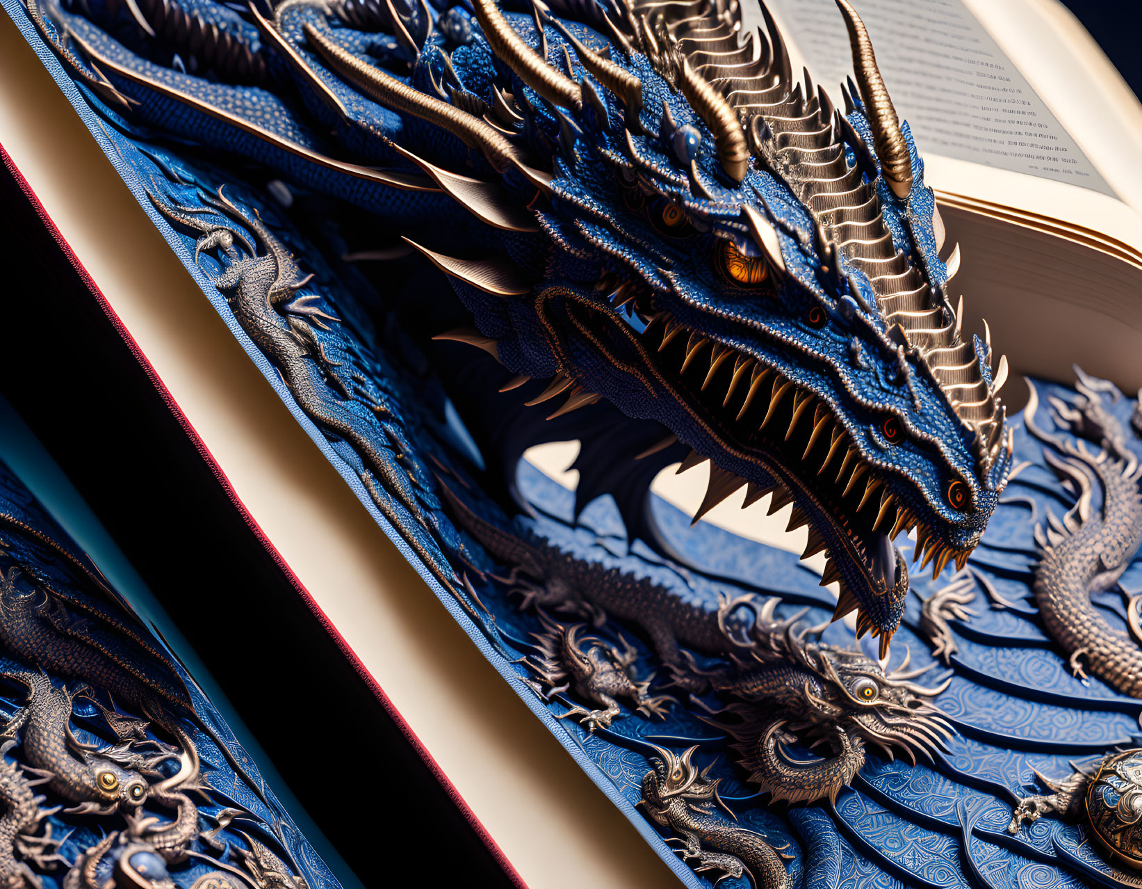 Blue dragon sculpture emerging from open book with intricate scales and golden eyes