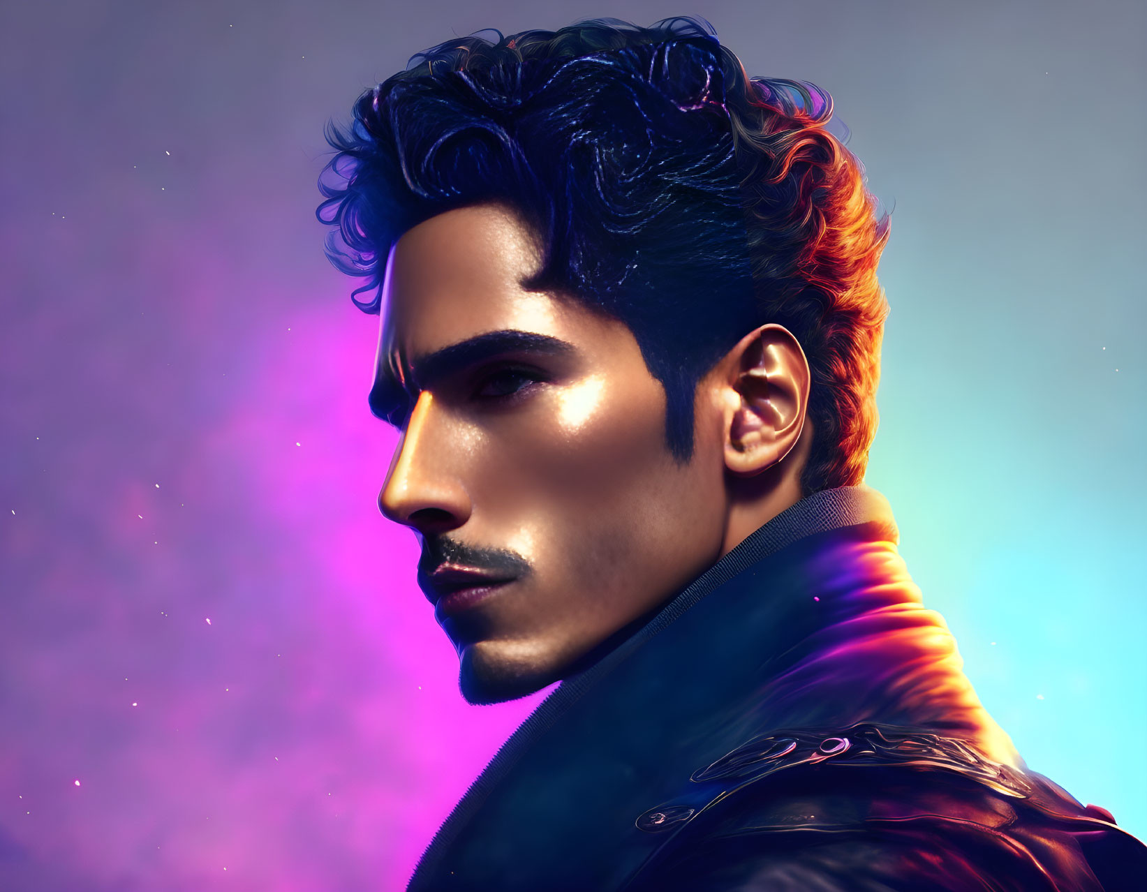 Portrait of a man with defined cheekbones and styled hair under blue and orange lighting