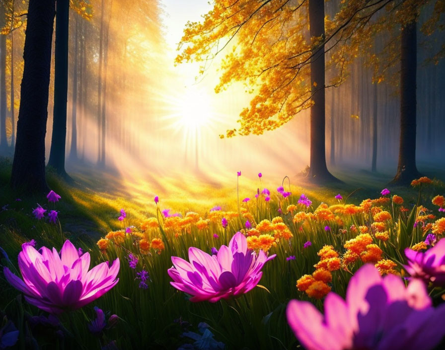 Forest sunlight illuminates vibrant purple and orange flowers in serene landscape