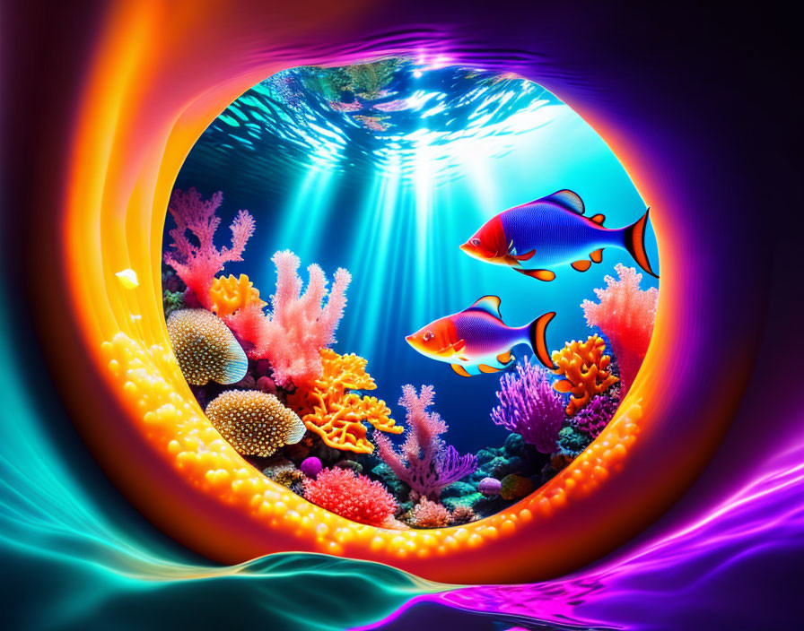 Colorful Underwater Scene with Fish, Coral, and Sunbeams