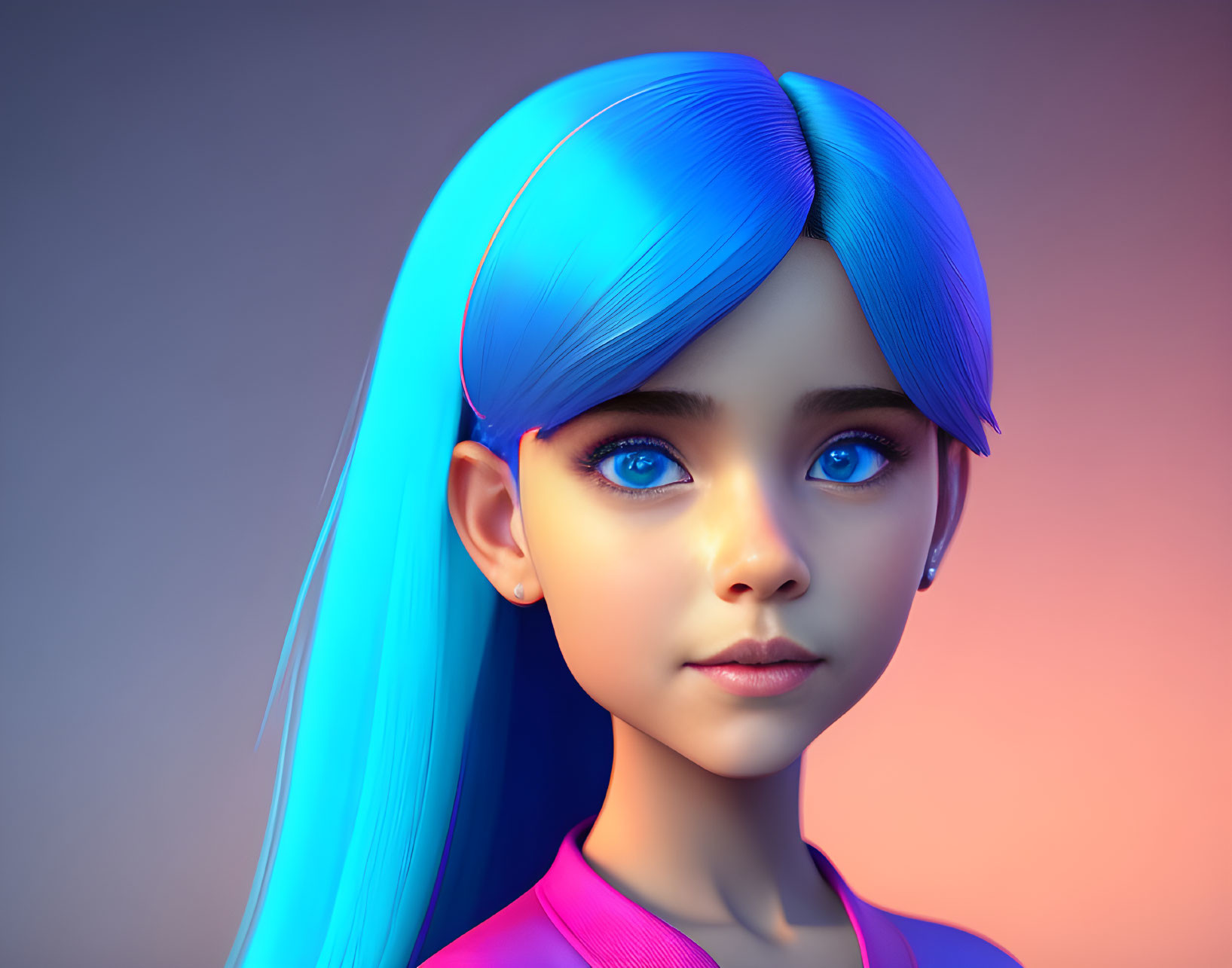 Vibrant 3D illustration of girl with blue hair and eyes on pink and blue background